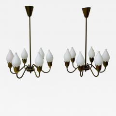 Pair of Danish Mid Century Modern Tulip Form Chandeliers Pendants Opal Glass - 3280073