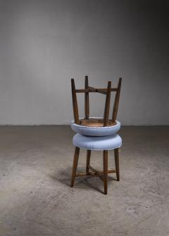 Pair of Danish Stools with Cross Frame and Blue Wool Upholstery 1940s - 2763737