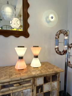 Pair of Diabolo Lamps Pink and White Murano Glass Italy - 3872253