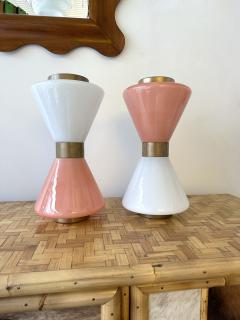 Pair of Diabolo Lamps Pink and White Murano Glass Italy - 3872259