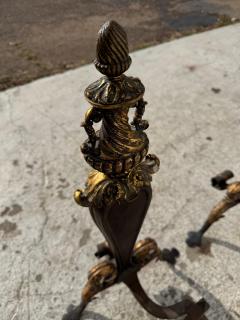 Pair of Early 19th Century Italian Gilt Wrought Iron Acanthus Andirons - 4438159