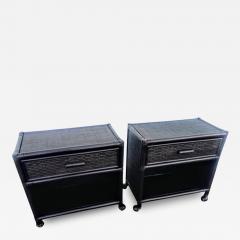 Pair of Ebony Boho Chic Rattan and Bamboo Single Drawer Nightstands - 3881268