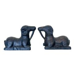 Pair of Egyptian Revival Ram Goat Wood Carving Sculptures - 4375756