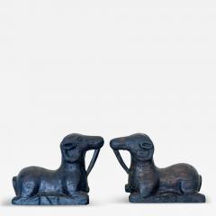 Pair of Egyptian Revival Ram Goat Wood Carving Sculptures - 4379411
