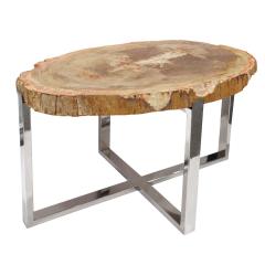 Pair of End Coffee Tables in Polished Chrome with Petrified Wood Tops 1990s - 3508343