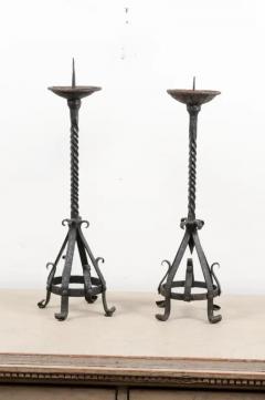 Pair of English 19th Century Iron Candlesticks with Twisted and Scrolled Motifs - 3432711