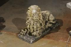 Pair of English 20th Century Composition Reclining Lion Sculptures with Patina - 3426969
