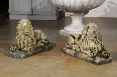 Pair of English 20th Century Composition Reclining Lion Sculptures with Patina - 3426985