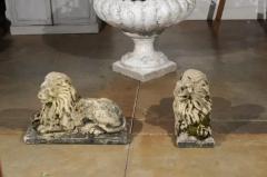 Pair of English 20th Century Composition Reclining Lion Sculptures with Patina - 3427071