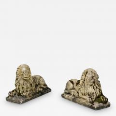 Pair of English 20th Century Composition Reclining Lion Sculptures with Patina - 3431462