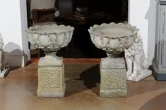 Pair of English 20th Century Stone Urns on Pedestals with Acanthus Leaf Motifs - 3472743