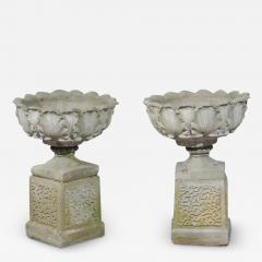 Pair of English 20th Century Stone Urns on Pedestals with Acanthus Leaf Motifs - 3479197