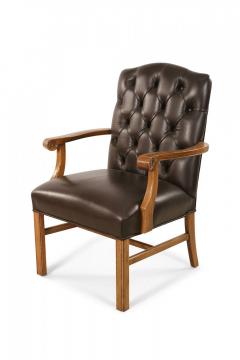 Pair of English Chippendale Style Button Tufted Brown Leather and Oak Armchairs - 4169614