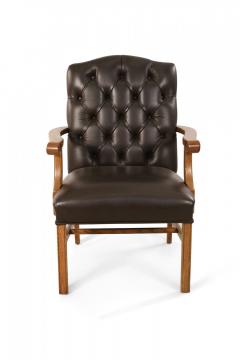 Pair of English Chippendale Style Button Tufted Brown Leather and Oak Armchairs - 4169615