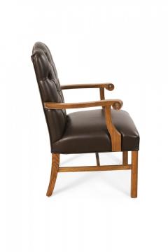Pair of English Chippendale Style Button Tufted Brown Leather and Oak Armchairs - 4169617