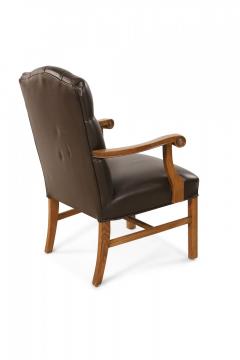 Pair of English Chippendale Style Button Tufted Brown Leather and Oak Armchairs - 4169618