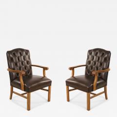 Pair of English Chippendale Style Button Tufted Brown Leather and Oak Armchairs - 4186228