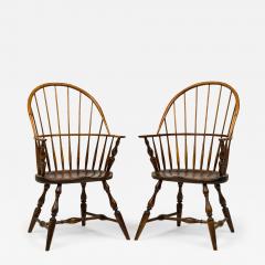 Pair of English Country Windsor Back Carved Oak Dining Armchairs - 4193691