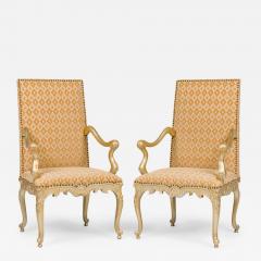 Pair of English Georgian Style Carved Armchairs With Geometric Design Fabric - 4700215