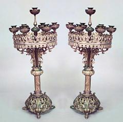 Pair of English Gothic Revival bronze round shaped top 7 arm candelabra - 4653176