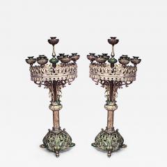 Pair of English Gothic Revival bronze round shaped top 7 arm candelabra - 4662119