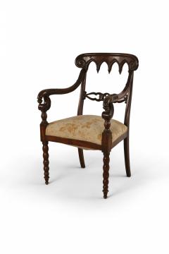 Pair of English Gothic Style Mahogany and Gold Damask Armchairs - 2798208