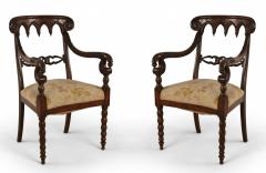 Pair of English Gothic Style Mahogany and Gold Damask Armchairs - 2798209