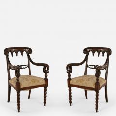 Pair of English Gothic Style Mahogany and Gold Damask Armchairs - 2798652