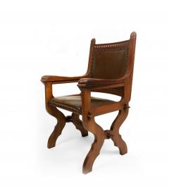 Pair of English Gothic Walnut and Leather Armchairs - 1401945