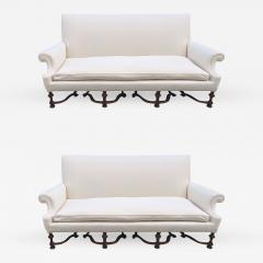Pair of English High Back Antique Walnut Sofas in Linen - 432062
