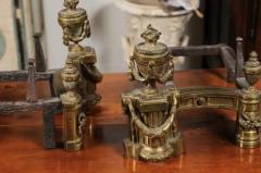 Pair of English Neoclassical Style Brass Andirons circa 1860 with Fire Urns - 3420379