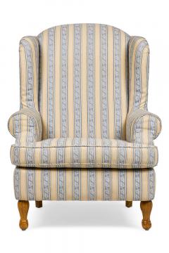 Pair of English Queen Anne Blue and Off White striped WIng Back Chairs - 4650210