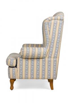 Pair of English Queen Anne Blue and Off White striped WIng Back Chairs - 4650212