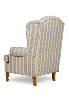 Pair of English Queen Anne Blue and Off White striped WIng Back Chairs - 4650213
