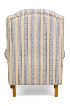 Pair of English Queen Anne Blue and Off White striped WIng Back Chairs - 4650214
