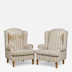 Pair of English Queen Anne Blue and Off White striped WIng Back Chairs - 4700114