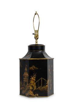 Pair of English Regency Chinoiserie Style Black And Gold Hexagonal Table Lamps - 4657559