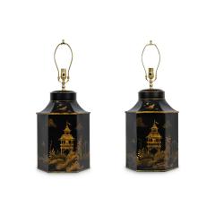 Pair of English Regency Chinoiserie Style Black And Gold Hexagonal Table Lamps - 4708684