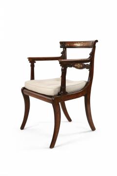 Pair of English Regency Style Brass Inlaid Oak and Cane Armchair - 1569600