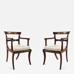 Pair of English Regency Style Brass Inlaid Oak and Cane Armchair - 1570480