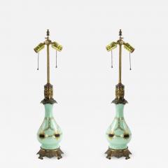 Pair of English Regency Style Celadon Glass Table Lamps - 1394870