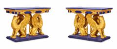 Pair of English Regency Style Gilt Eagle Base and Faux Blue Stone Console Tables - 2799232