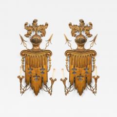 Pair of English Renaissance Style Gilt Metal and Fruitwood Wall Sconces - 4649575
