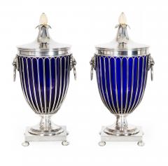 Pair of English Sheffield Silver Plated Cobalt Blue Glass Urns by Barker Ellis - 4501147