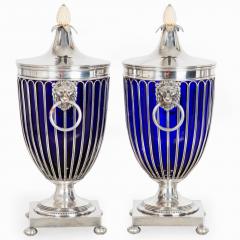 Pair of English Sheffield Silver Plated Cobalt Blue Glass Urns by Barker Ellis - 4501149