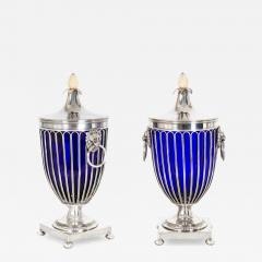 Pair of English Sheffield Silver Plated Cobalt Blue Glass Urns by Barker Ellis - 4504223