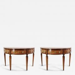 Pair of English Sheraton Style Demilune Inlaid Oak Console Tables - 4642361