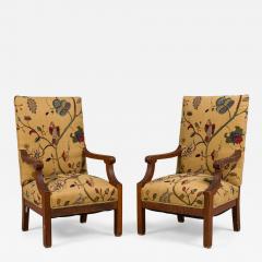 Pair of English oak Arts Crafts Floral Upholstered Armchairs - 4708539