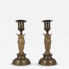 Pair of European Jugend Owl Figurine Candle Holders in Bronze Late 19th Century - 4597396