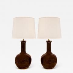 Pair of Exquisite Artisan Porcelain Lamps with Polished Brass Hardware 1960s - 3341389